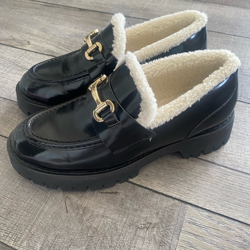 Steve Madden Black Loafers with Gold Accents